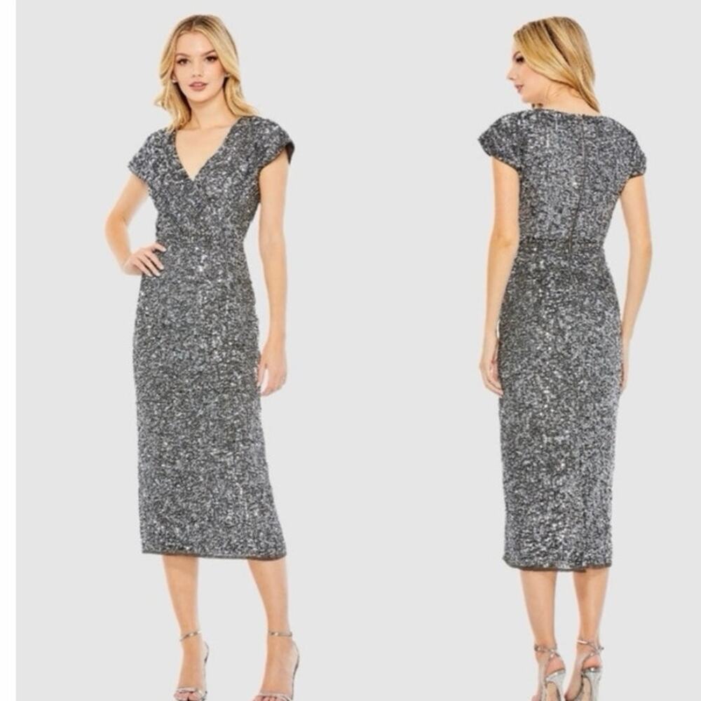 NEW with Tags Mac Duggal Platinum 10766 Sequin Midi Dress, Size 4, MSRP $498